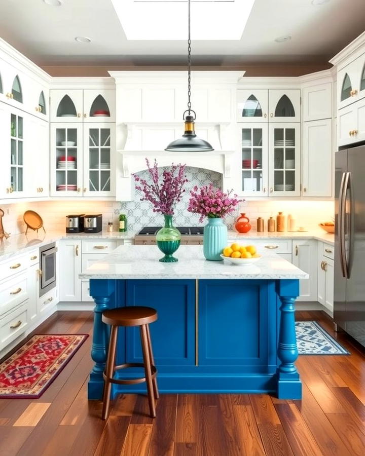 White Cabinets with a Peacock Blue Island - 25 White Kitchen Cabinets With Blue Island