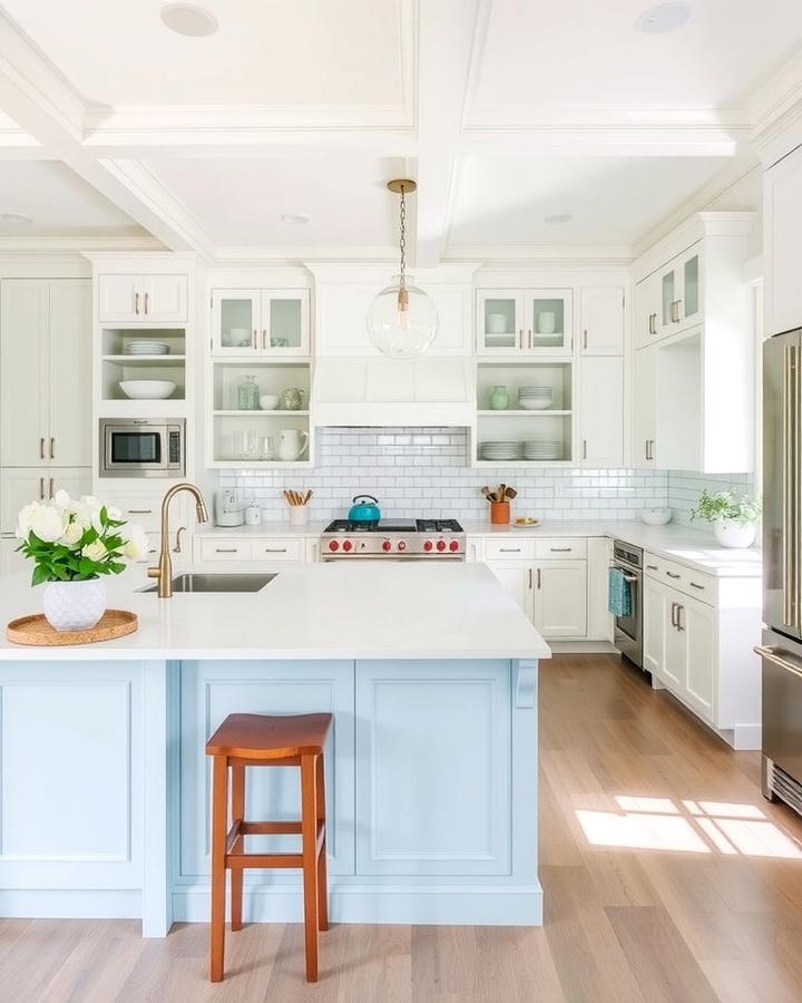 White Cabinets with a Sky Blue Island and Open Shelving - 25 White Kitchen Cabinets With Blue Island