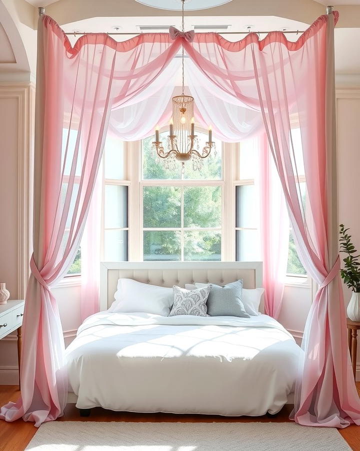 White Canopy Bed with Pink Drapes - 25 Pink and White Bedroom Ideas