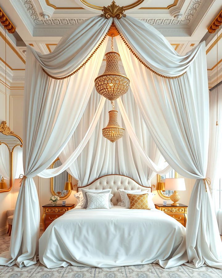 White Canopy with Gold Details - 25 White and Gold Bedroom Ideas