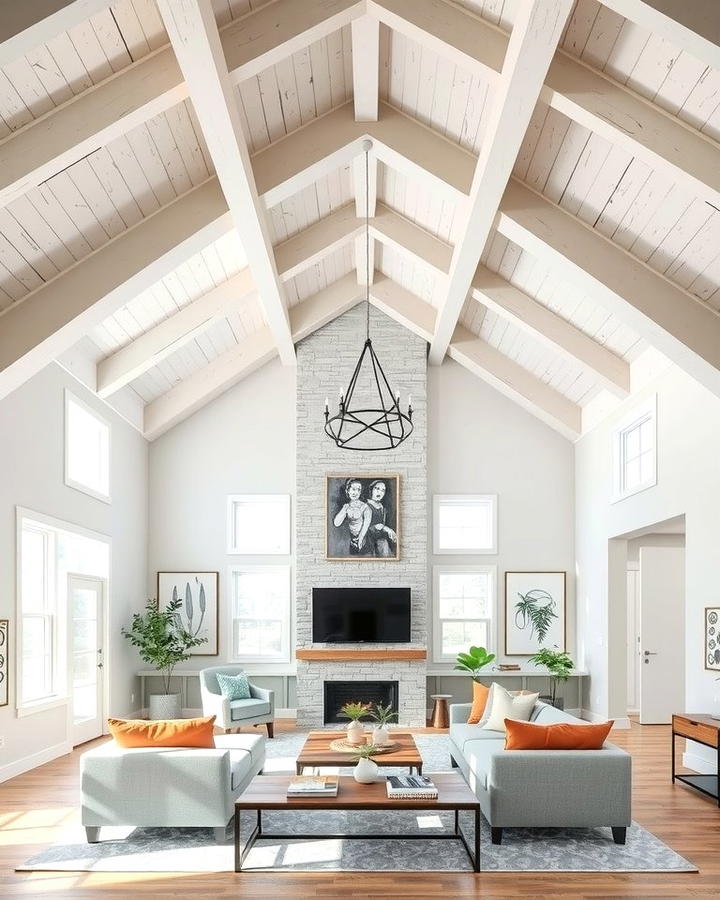 White Ceiling Beams - 25 White Living Room Ideas