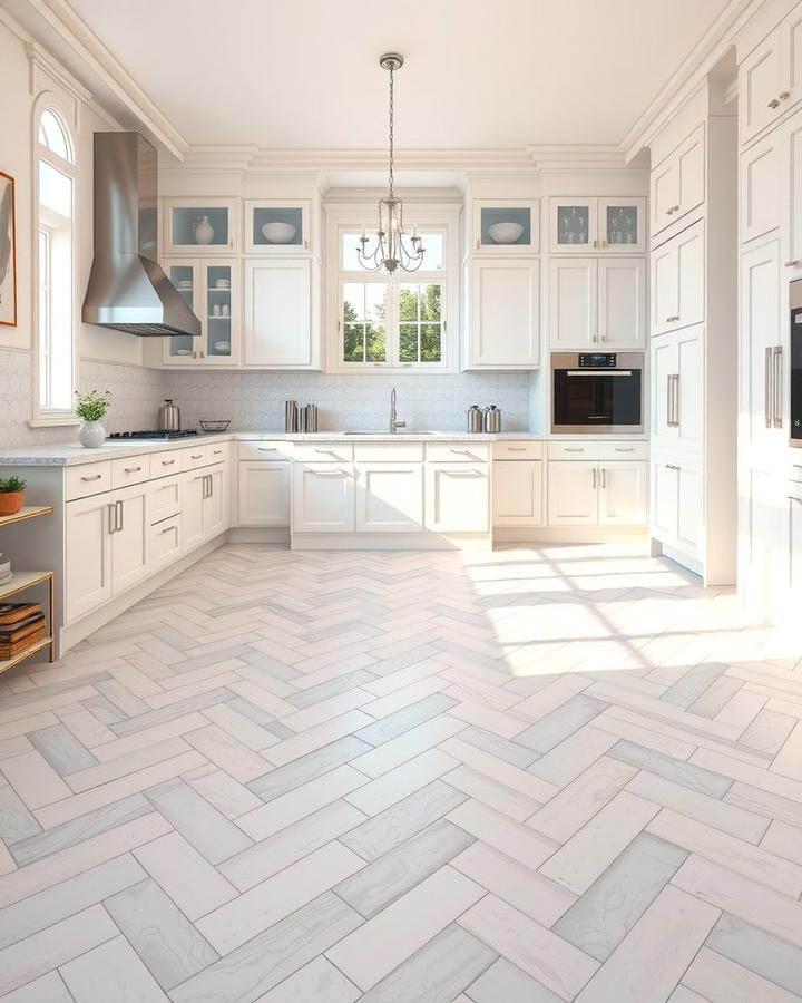 White Chevron Pattern Flooring - 25 White Kitchen Floor Ideas