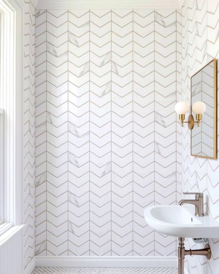 White Chevron Tiles for Dynamic Style - 30 White Tile Bathroom Ideas