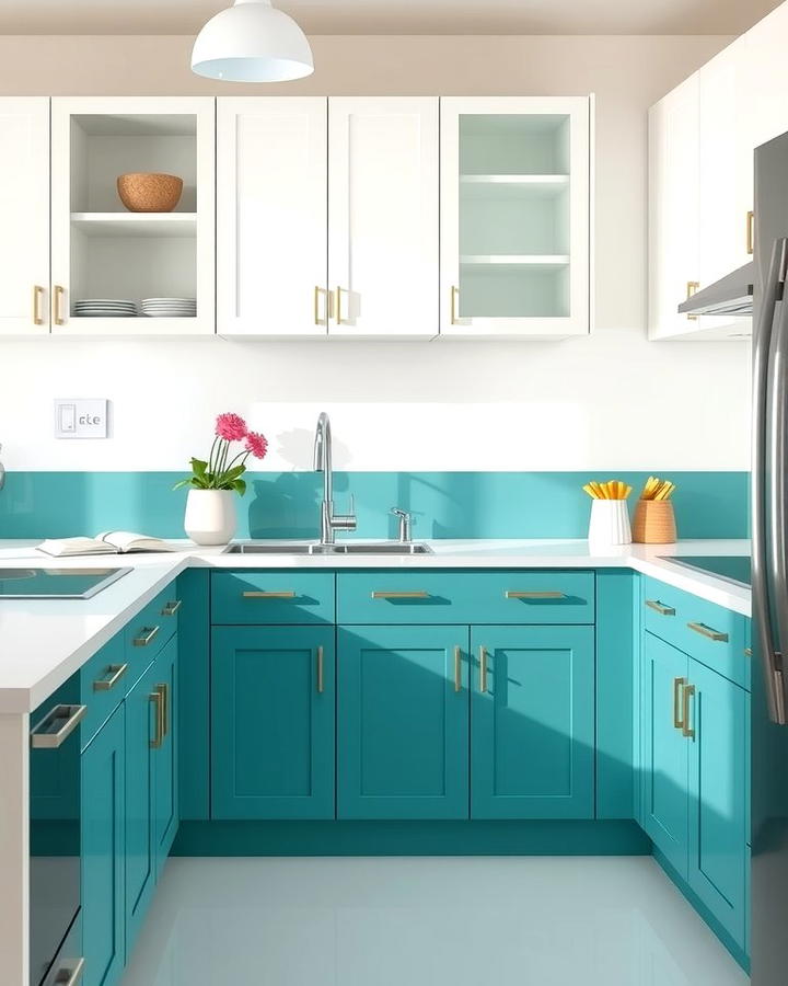 White Countertops with Teal Cabinets - 25 Teal and White Kitchen Ideas