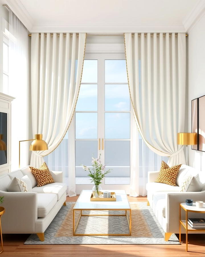 White Curtains with Gold Detailing - 25 White and Gold Living Room Ideas