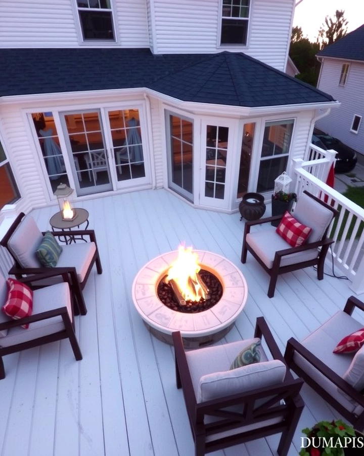 White Deck with Fire Pit Centerpiece - 25 White Deck Ideas