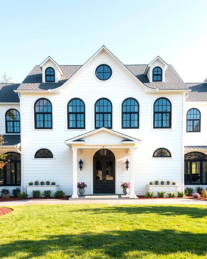 White Farmhouse with Black Arched Windows - 25 White Farmhouse With Black Windows Ideas