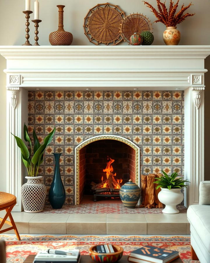 White Fireplace with Mosaic Tile Surround - 25 White Fireplace Ideas