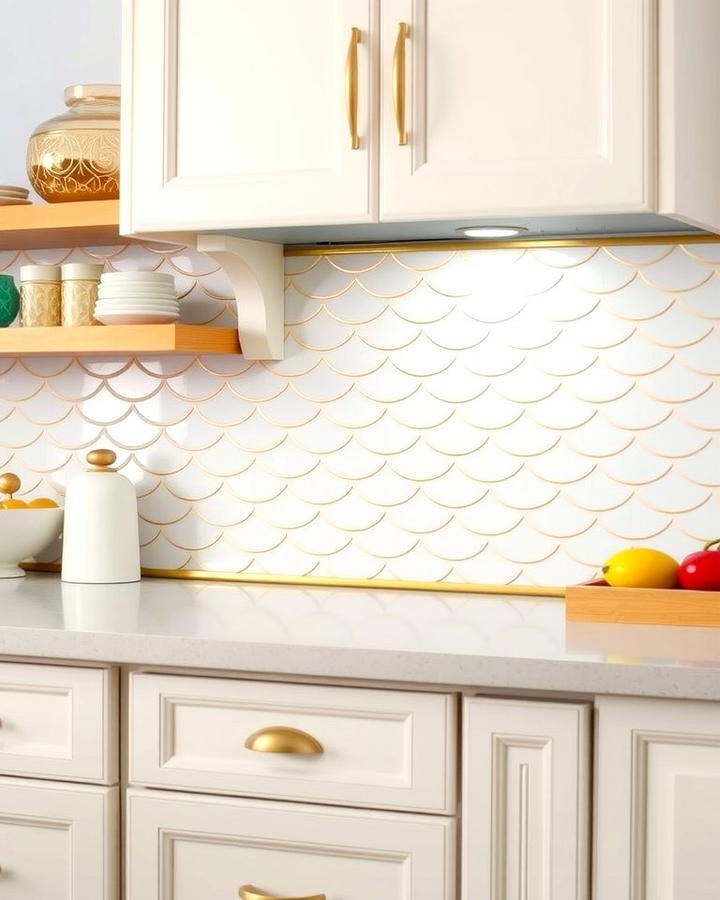 White Fish Scale Tiles with Gold Edging - 25 White and Gold Kitchen Backsplash Ideas