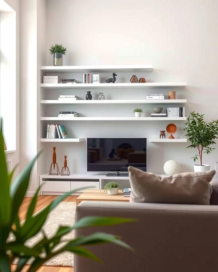 White Floating Shelves - 25 White Living Room Ideas