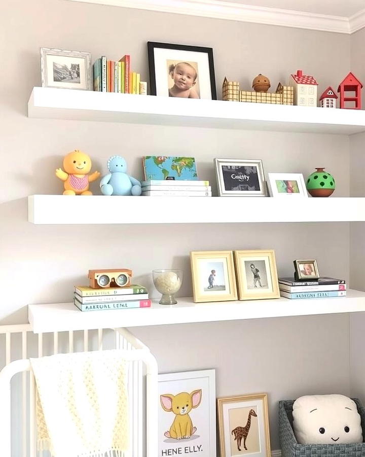 White Floating Shelves - 25 White Nursery Ideas