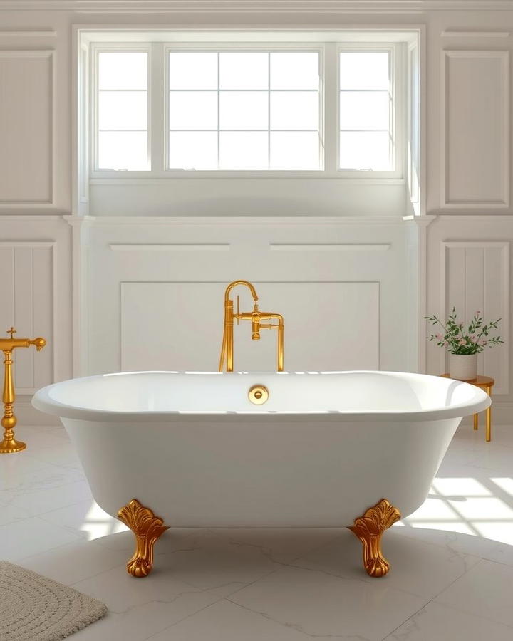 White Freestanding Tub with Gold Feet - 25 White and Gold Bathroom Ideas