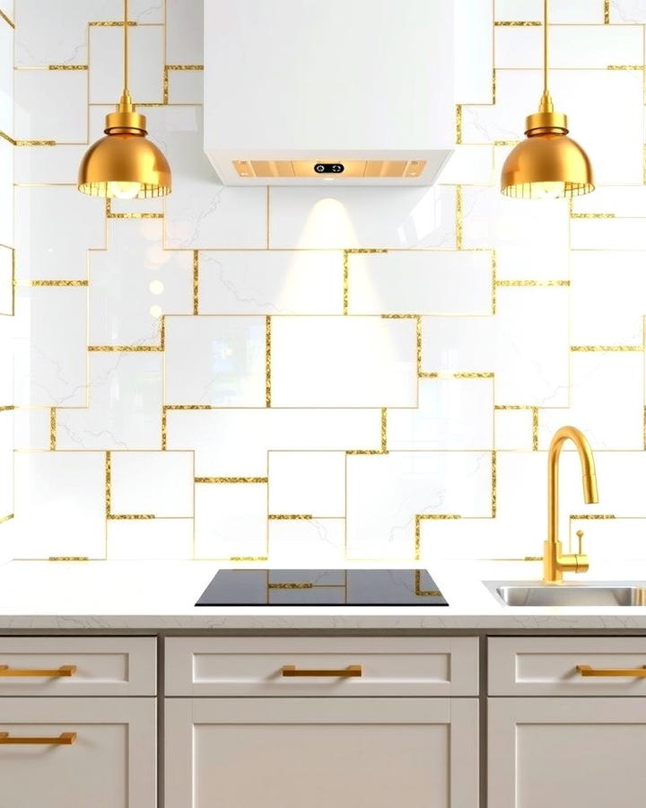 White Glass Tiles with Gold Leaf Detailing - 25 White and Gold Kitchen Backsplash Ideas