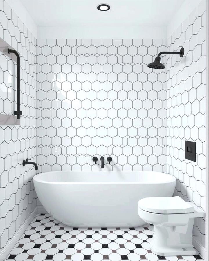 White Hexagon Tiles with Black Grout - 30 Black and White Bathroom Tile Ideas