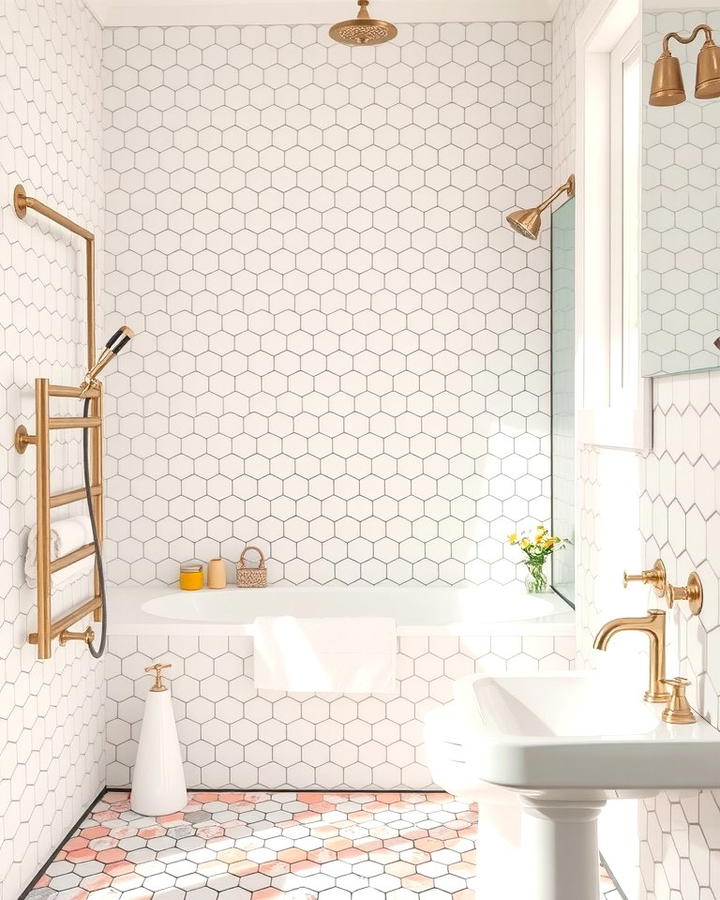 White Hexagon Tiles with Colorful Grout - 30 Bathrooms With Hexagon Tile Floors