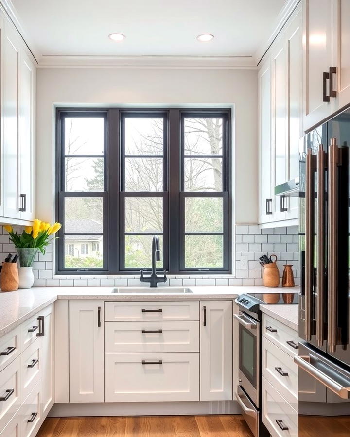 White Kitchen with Black Window Frames - 30 White Kitchen with Black Appliances Ideas