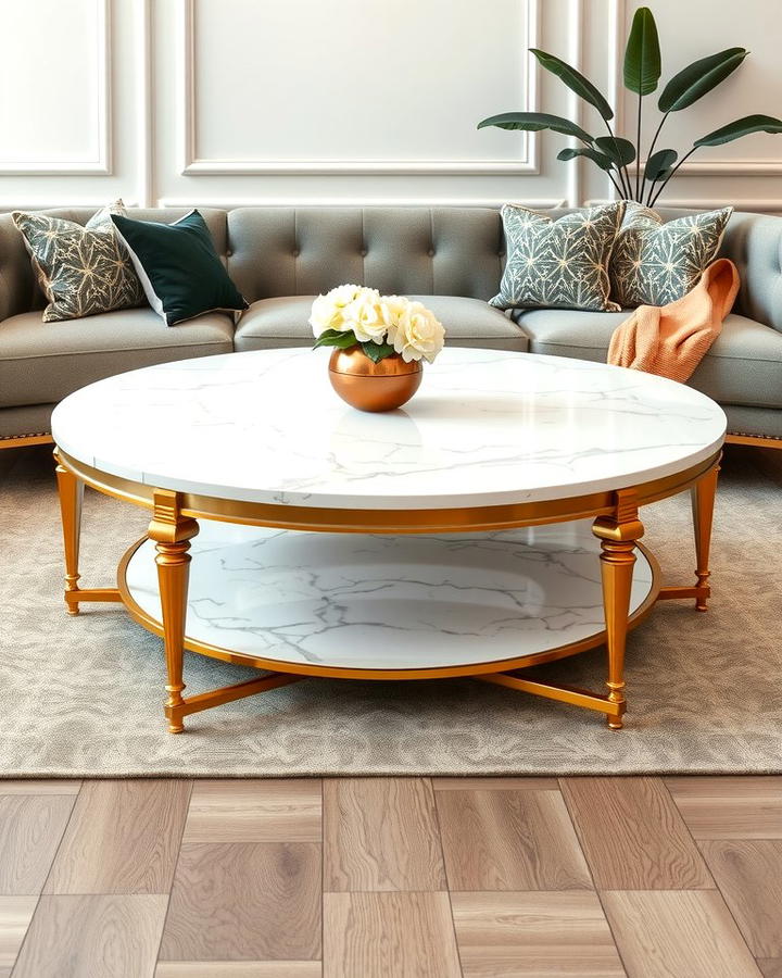 White Marble Coffee Table with Golden Accents - 25 White and Gold Living Room Ideas