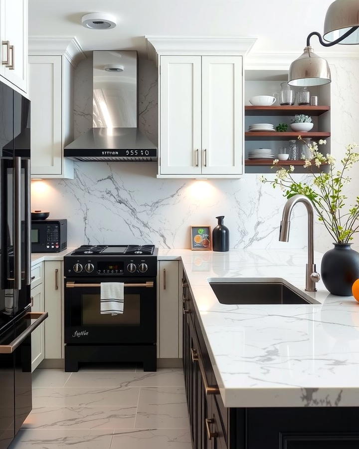 White Marble Countertops with Black Veining - 30 White Kitchen with Black Appliances Ideas