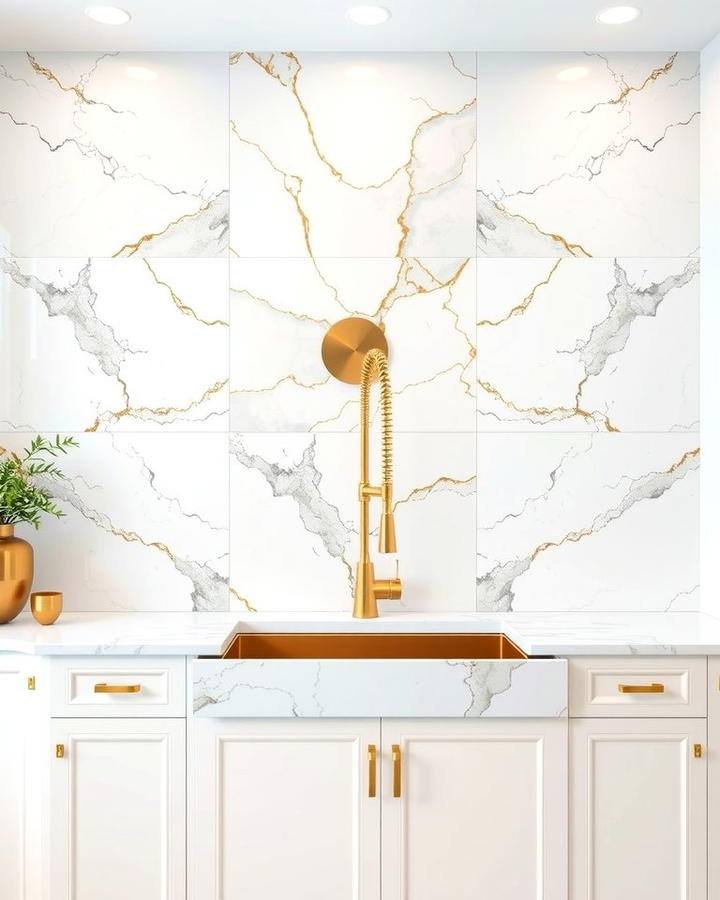 White Marble Slabs with Gold Veining - 25 White and Gold Kitchen Backsplash Ideas