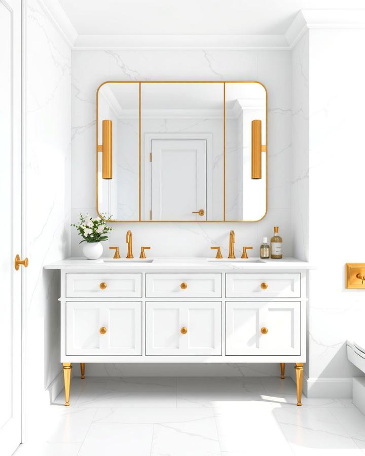 White Marble Vanity with Gold Fixtures - 25 White and Gold Bathroom Ideas