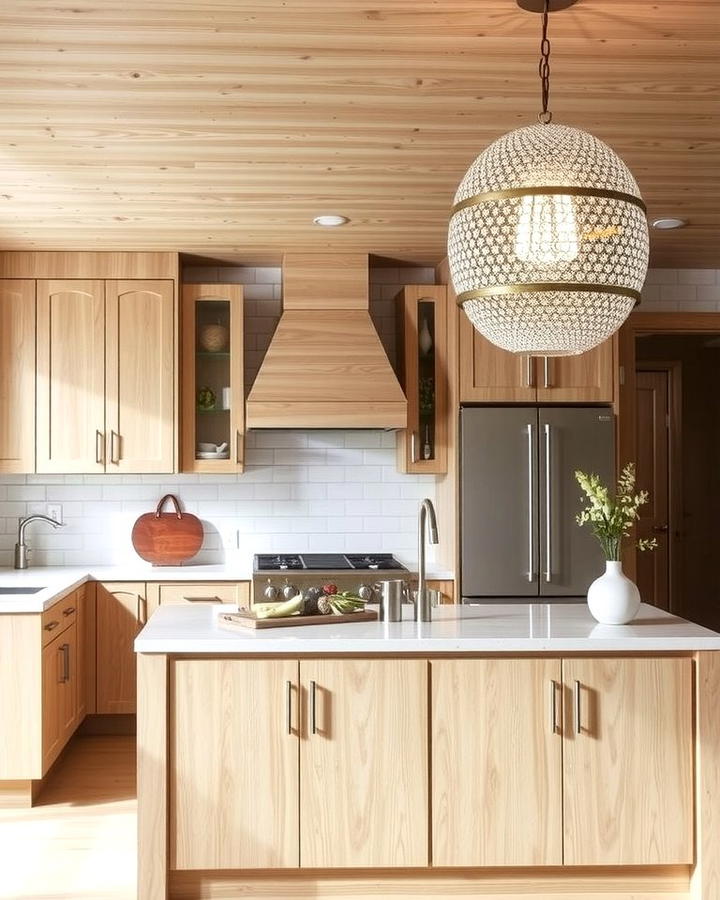 White Oak Cabinets with Statement Lighting - 30 Kitchens With White Oak Cabinets