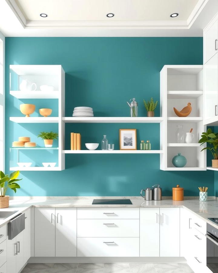 White Open Shelving with Teal Backdrop - 25 Teal and White Kitchen Ideas