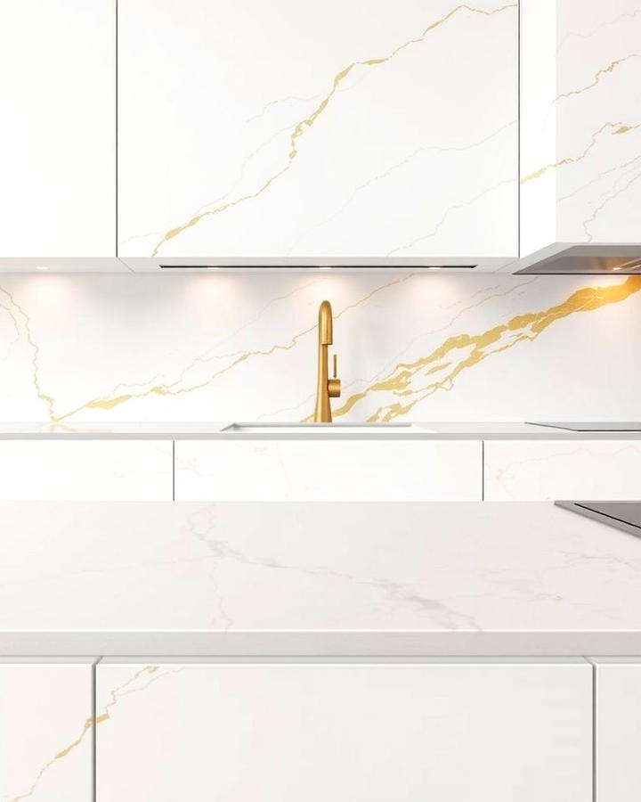 White Quartz Slabs with Gold Veining - 25 White and Gold Kitchen Backsplash Ideas