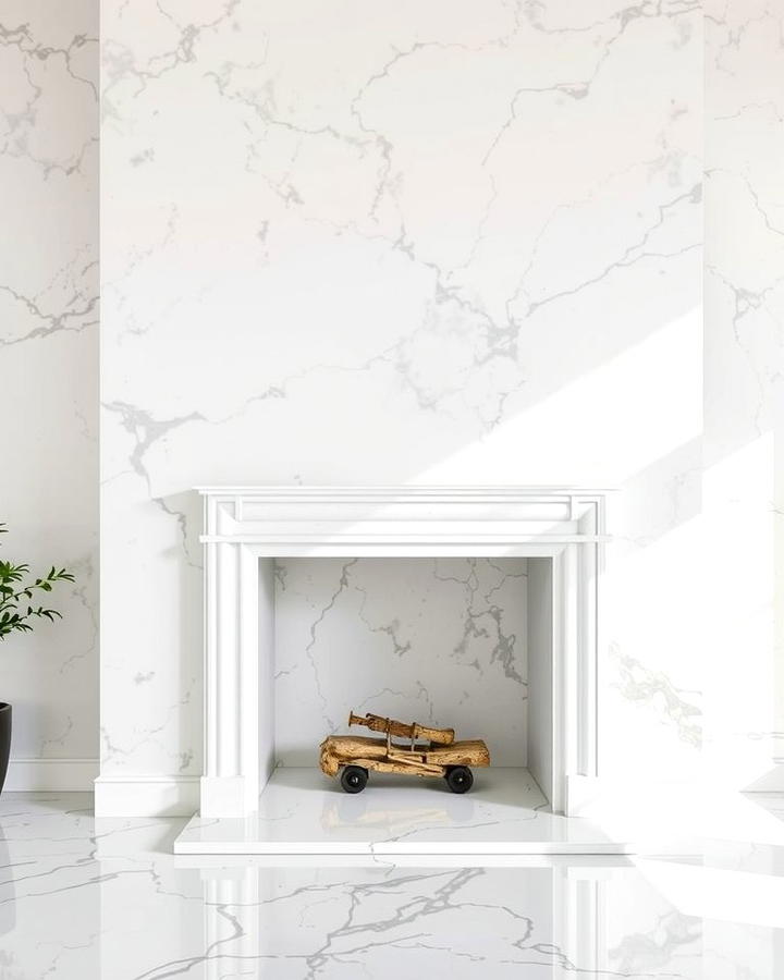 White Quartz with Subtle Veining - 25 Quartz Fireplace Surround Ideas