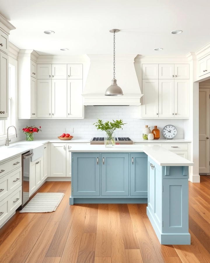 White Shaker Cabinets with a Light Blue Island - 25 White Kitchen Cabinets With Blue Island