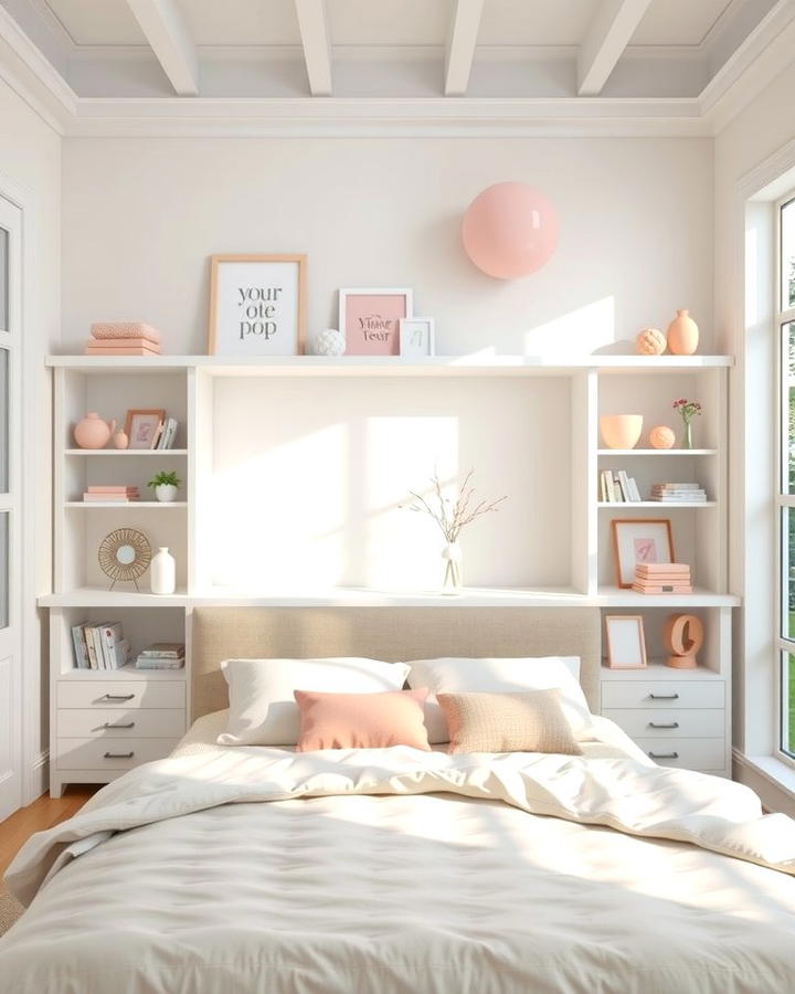 White Shelves with Pink Decor - 25 Pink and White Bedroom Ideas