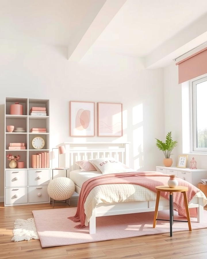 White Shelving with Pink Decor - 25 Pink and White Bedroom Ideas