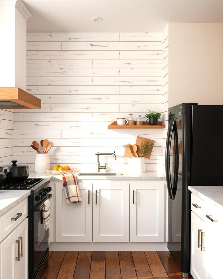 White Shiplap Walls for Texture - 30 White Kitchen with Black Appliances Ideas