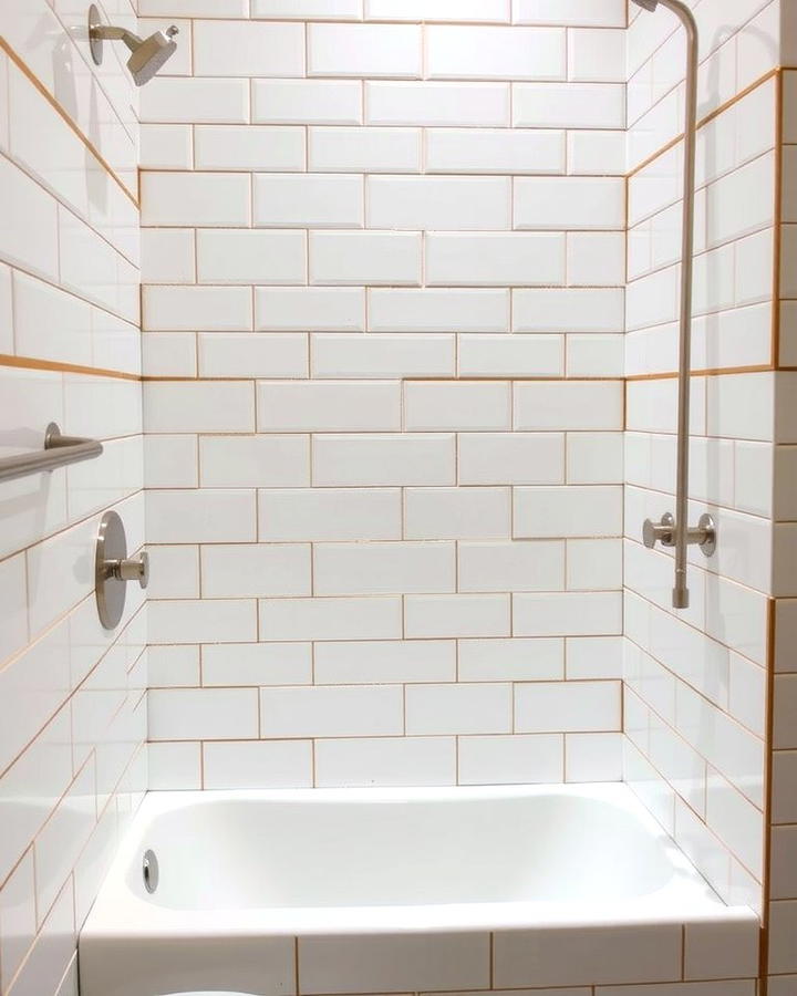 White Shower Tiles with Gold Grout - 25 White and Gold Bathroom Ideas