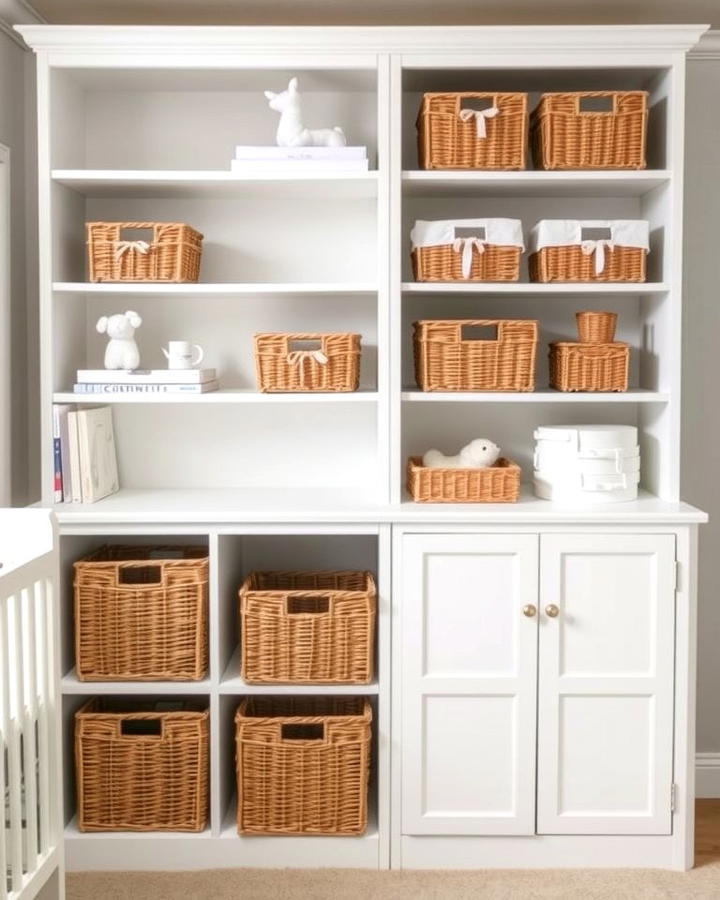 White Storage Solutions with Baskets - 25 White Nursery Ideas