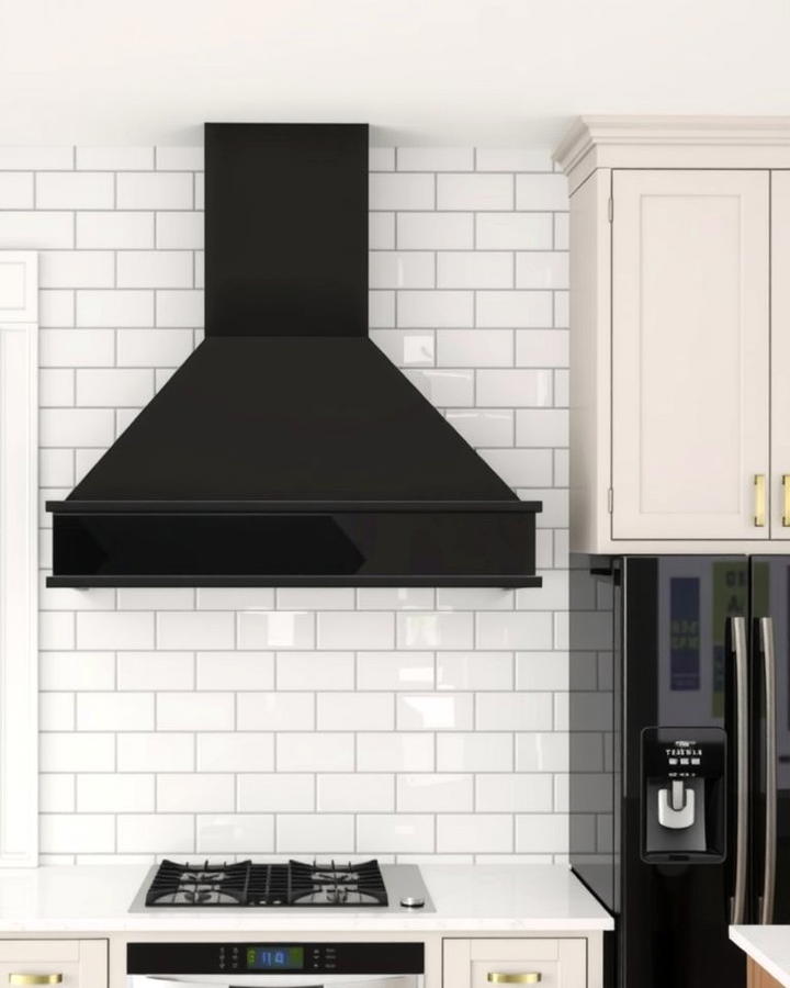 White Subway Tiles with Black Range Hood - 30 White Kitchen with Black Appliances Ideas