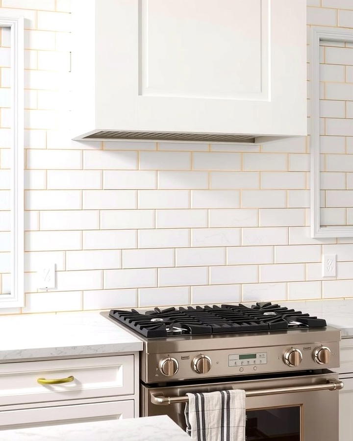 White Subway Tiles with Gold Grout - 25 White and Gold Kitchen Backsplash Ideas