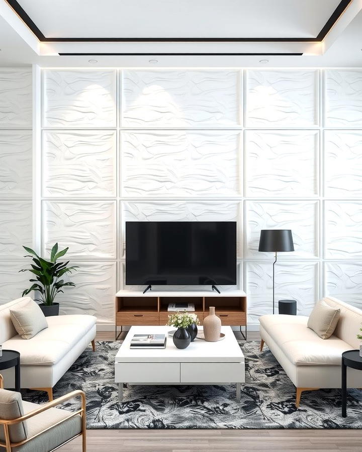 White Textured Wall Panels - 25 White Living Room Ideas