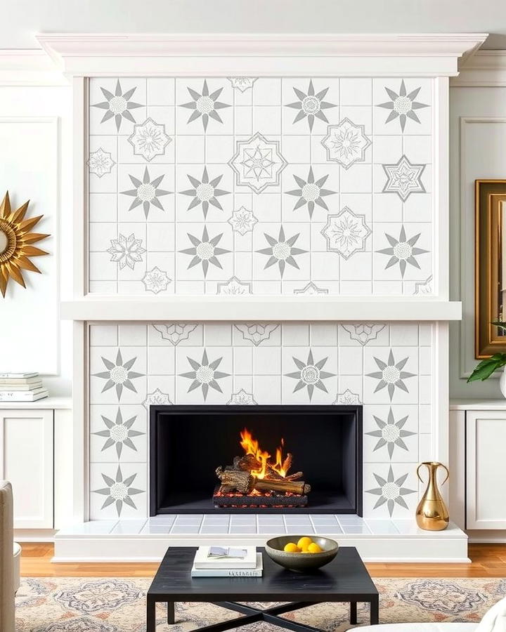 White Tile Fireplace with Geometric Patterns - 25 White Fireplace Ideas