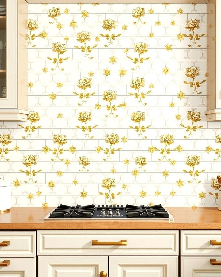 White Tiles with Gold Floral Motif - 25 White and Gold Kitchen Backsplash Ideas