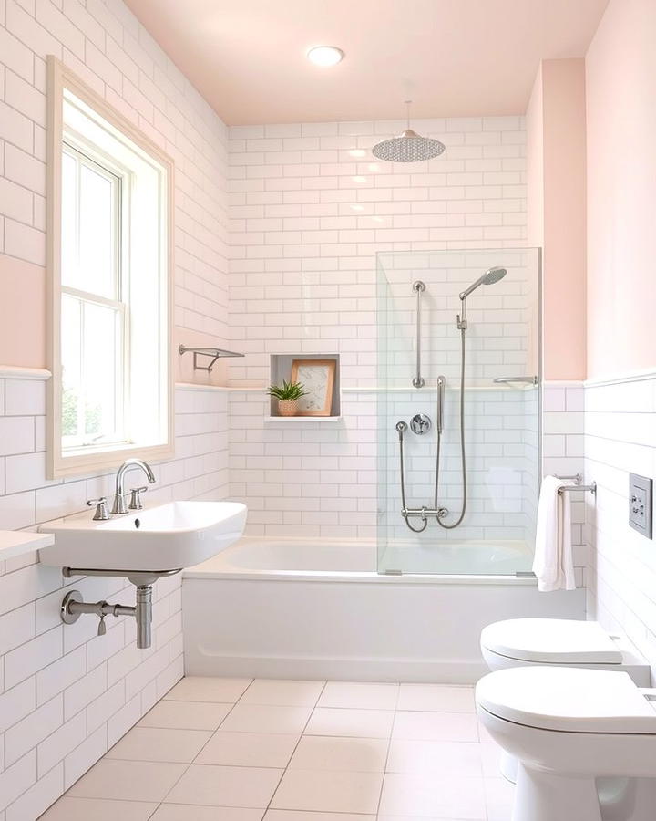 White Tiles with Pastel Accents - 30 White Tile Bathroom Ideas