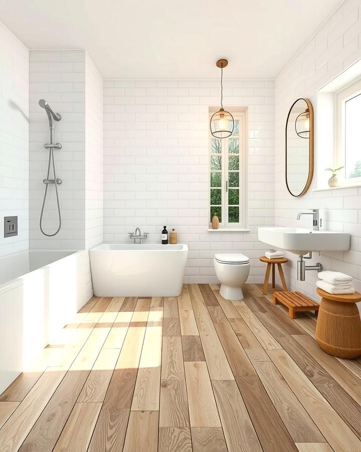 White Tiles with Wood Look Flooring - 30 White Tile Bathroom Ideas