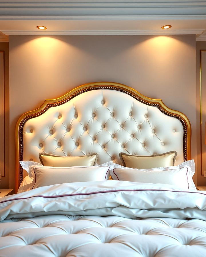 White Upholstered Headboard with Gold Trim - 25 White and Gold Bedroom Ideas