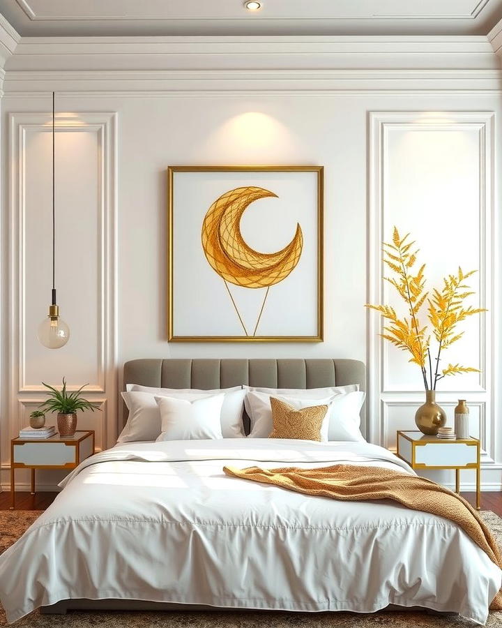 White Walls with Gold Art - 25 White and Gold Bedroom Ideas