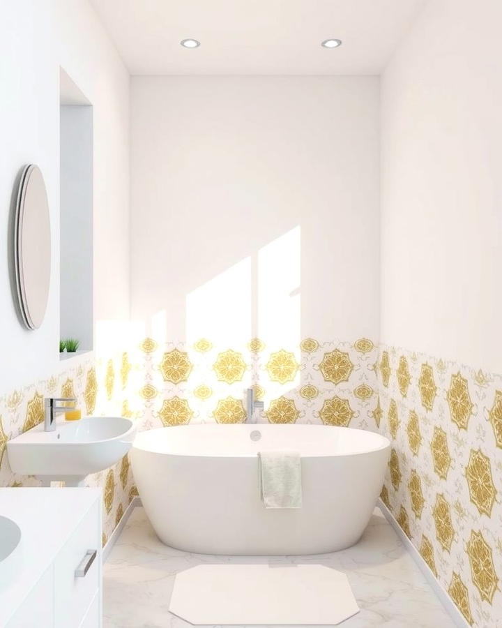 White Walls with Gold Stenciled Patterns - 25 White and Gold Bathroom Ideas