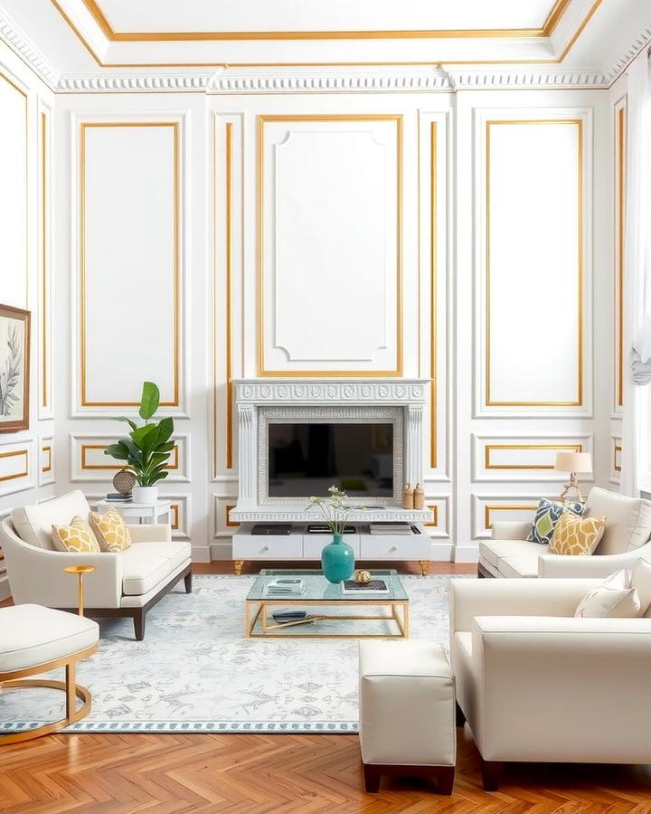 White Walls with Gold Trims for Subtle Elegance - 25 White and Gold Living Room Ideas