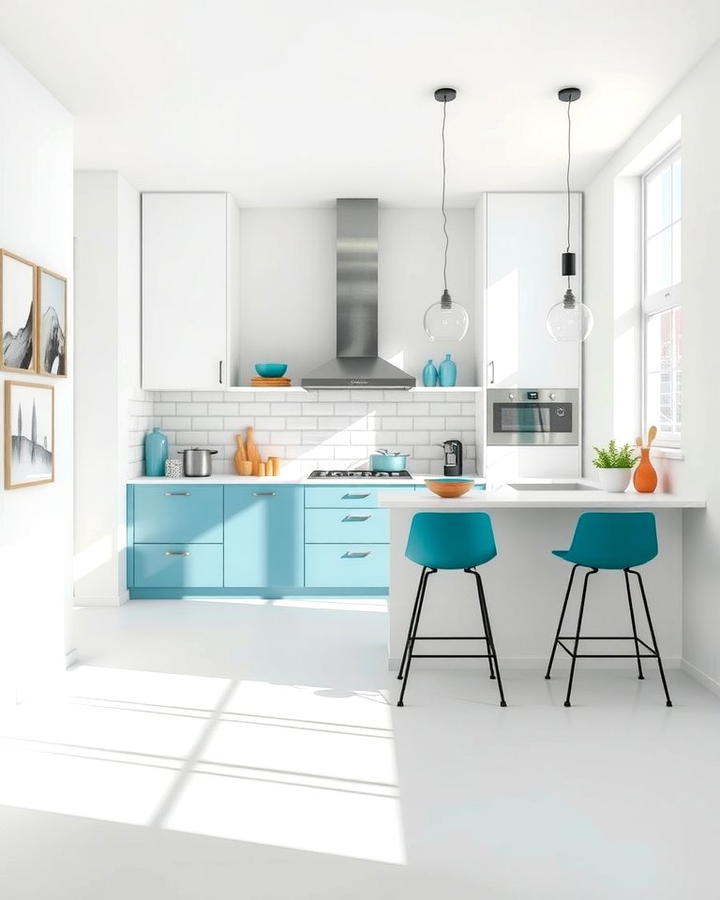 White Walls with Teal Accents - 25 Teal and White Kitchen Ideas