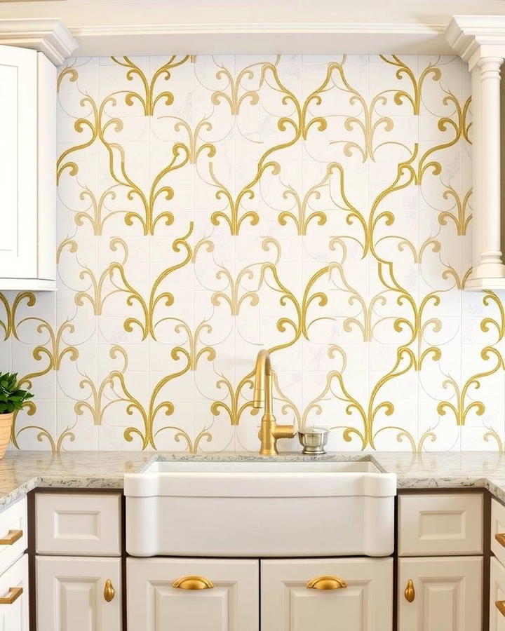 White and Gold Arabesque Tiles - 25 White and Gold Kitchen Backsplash Ideas