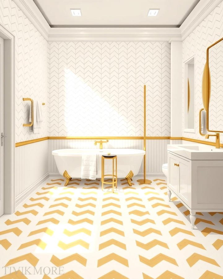 White and Gold Chevron Floor Tiles - 25 White and Gold Bathroom Ideas