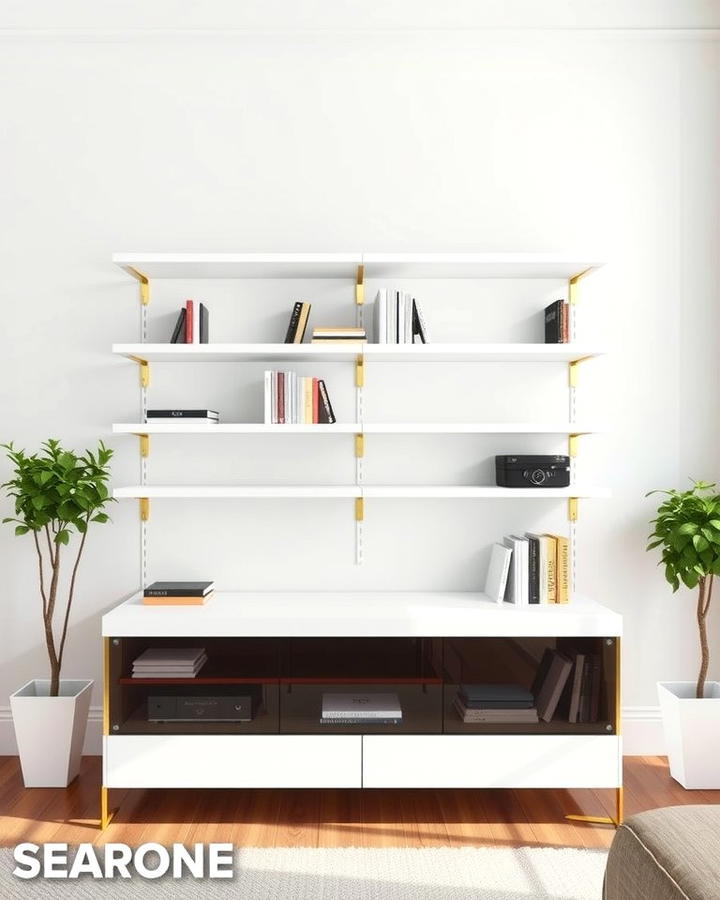 White and Gold Floating Shelves - 25 White and Gold Living Room Ideas