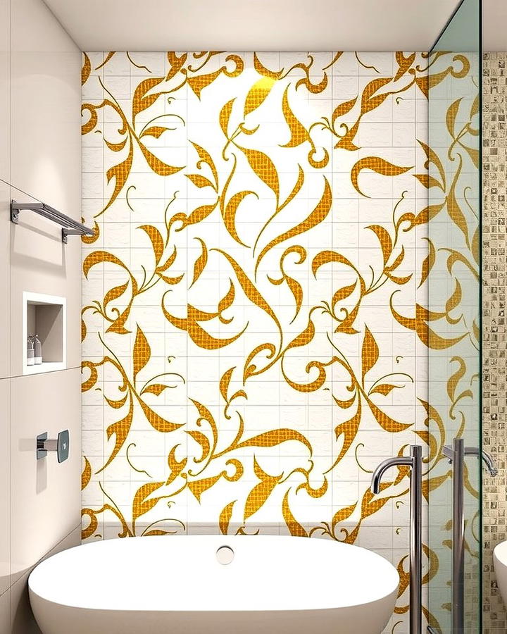 White and Gold Mosaic Tile Accent Wall - 25 White and Gold Bathroom Ideas